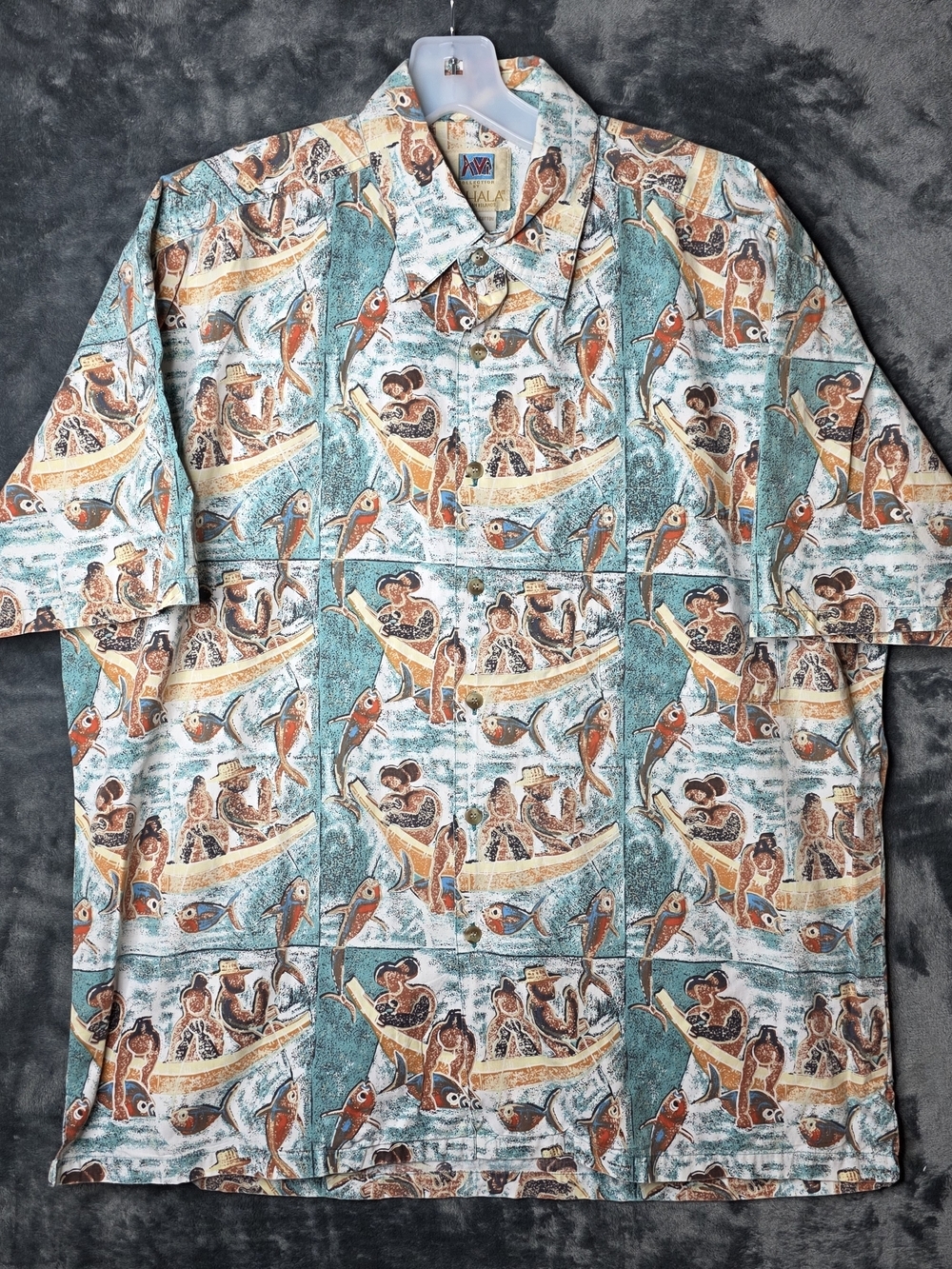 Vintage Kahala Hawaiin AOP Button-Up Shirt in Teal & Rust Fish Print Made In USA